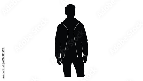 Silhouette of a man standing frontally wearing a jacket and pants