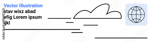 Technology, communication, global connectivity, cloud computing, online data, worldwide networking. Abstract minimalist cloud and globe graphic with lines. Cloud computing and global connectivity