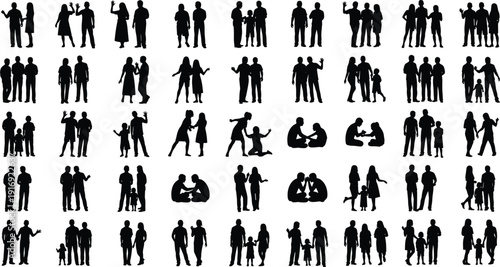 Black silhouettes set of people, families, couples, and friends in various poses, walking, sitting, standing, and communicating on white background.