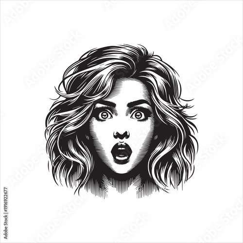 A grayscale vector illustration of a shocked woman with an open mouth and wide eyes, featuring a detailed logo-style design on a white background.