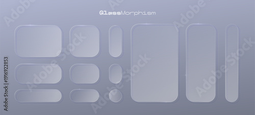 Clean glassmorphism ui elements set. Frosted glass buttons and frames on grey background. Minimalist transparent interface kit with soft shadows and white borders. Vector