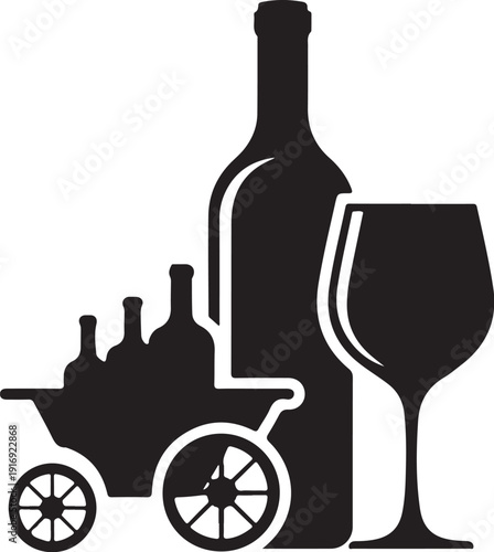Black and white wine bottle and glass with cart