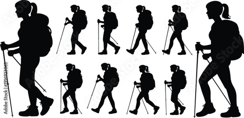Collection of black female hiker silhouettes with backpacks and trekking poles, woman walking and Nordic walking vector icons set,
