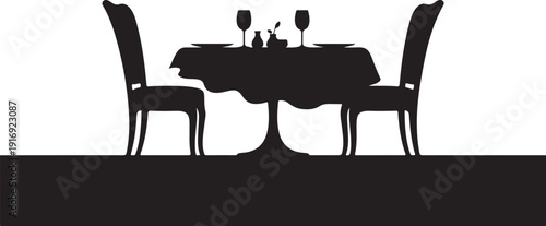 Black silhouette of dining table with chairs and wine glasses
