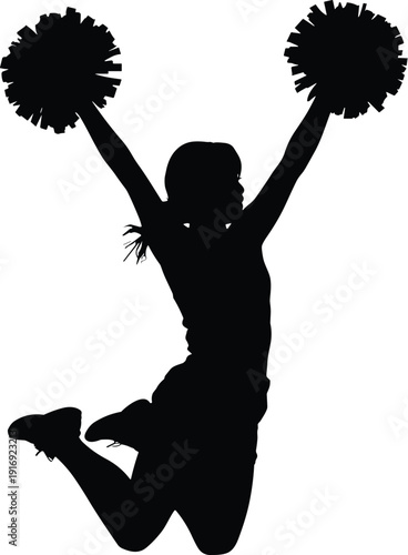 Cheerleader jumping with pom poms in dynamic pose