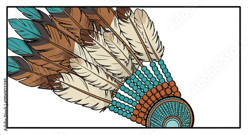 Colorful feathered headdress with beads in detailed line art style