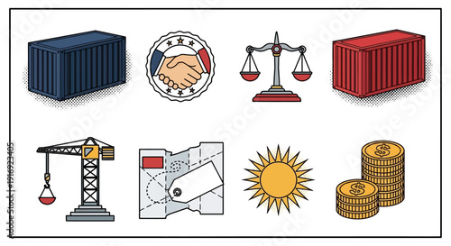 Trade and logistics icons in retro pop art style for global business concepts