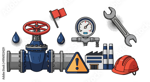 Industrial equipment and safety symbols in a colorful comic style design