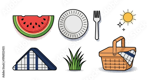 Colorful summer picnic elements with watermelon and basket on white background