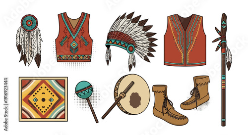 Native american cultural objects collection: traditional clothing, accessories, and musical instruments