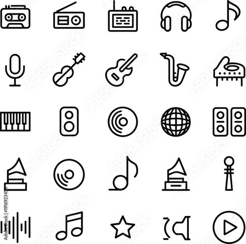 music, audio, icons, line, vector, sound, instrument, microphone, headphones, guitar, piano, speaker, recording, media, entertainment, melody, studio, playlist, collection, set