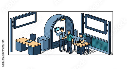 Security checkpoint with metal detector and surveillance in isometric office environment