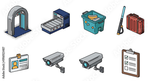 Isometric airport security icons: metal detector, x-ray scanner, surveillance, luggage, badge