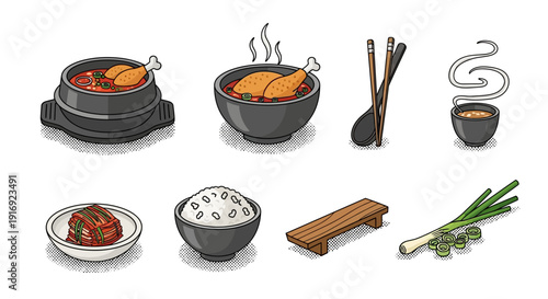 Delicious korean cuisine set with tasty dishes and traditional tableware