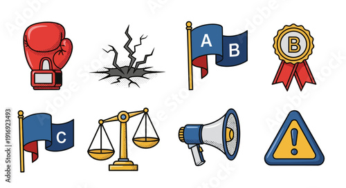 Colorful icon set featuring sports, flags, and symbols with a modern comic style