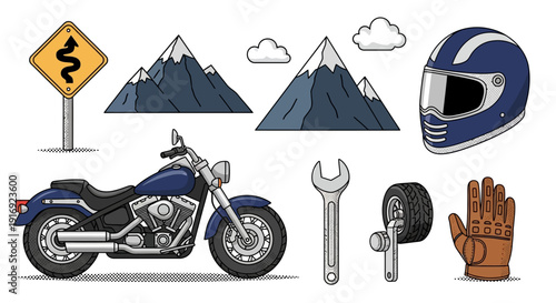 Mountain adventure elements with motorcycle and gear in vintage pop art style