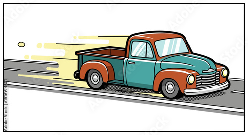 Vintage pickup truck in retro comic style on highway