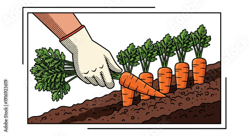 Harvesting carrots: pop art style gardening scene with soil and gloves