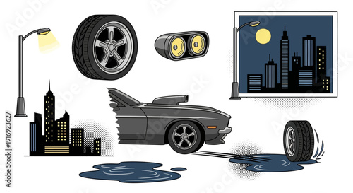Retro car and cityscape with comic book style night scene and accessories