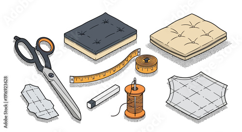 Tailoring tools and fabrics in isometric style for sewing projects