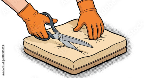 Hands in gloves cutting foam cushion with scissors in pop art style