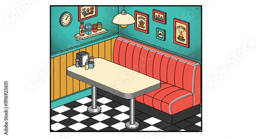Retro diner booth with checkered floor and vintage decor in isometric style