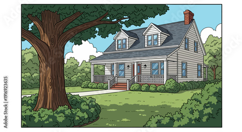 Charming suburban home surrounded by lush greenery in comic style