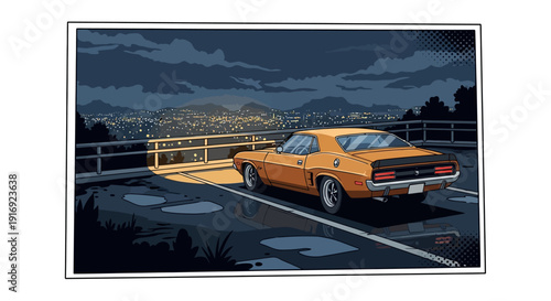 Retro car overlooks cityscape at night in comic book style art