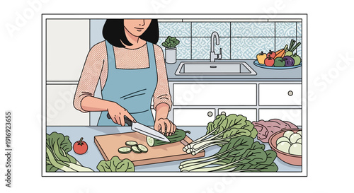 Woman chopping vegetables in kitchen for healthy cooking in pop art style