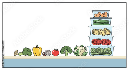 Organized kitchen counter with fresh vegetables and stackable containers