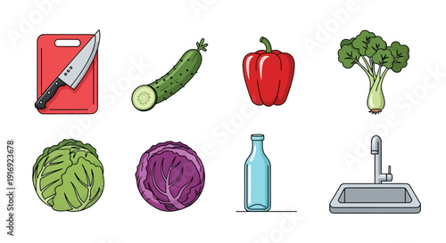 Colorful kitchen items and vegetables with cutting board and knife