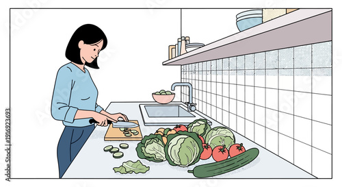 Woman cooking in minimalist kitchen with fresh vegetables and chic decor