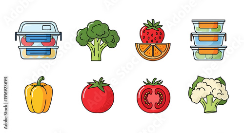 Vibrant food icons featuring fruits, vegetables, and storage containers