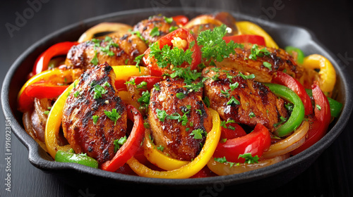 A sizzling chicken fajita p...