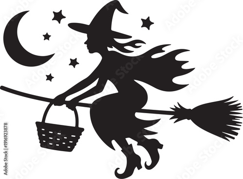 Black silhouette witch flying on broom with basket and crescent moon