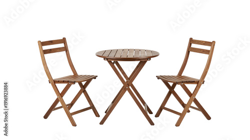 Rustic wooden bistro set with folding chairs and round table isolated on white background for outdoor patio