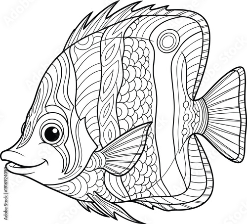 Detailed line drawing of a smiling fish with intricate patterns