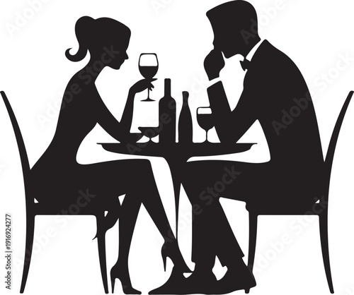 Couple sitting at a table with wine glasses and bottles