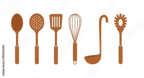 A collection of brown kitchen utensils arranged in a horizontal line