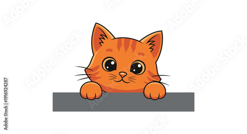 Adorable orange tabby cat peeking over a gray ledge