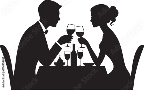 Couple Sitting at Table with Wine Glasses Silhouette