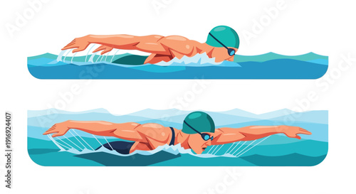 Swimmer performing the butterfly stroke in a blue swimming pool
