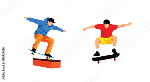 Two skateboarders performing tricks in mid air a dynamic action scene