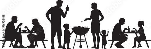 Family B Q Gathering Silhouette with Grill and Picnic Tables
