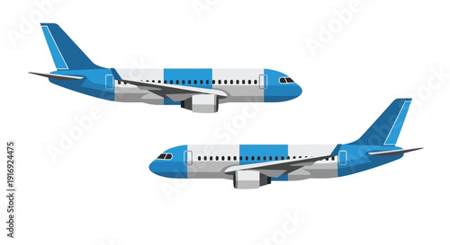 Two stylized passenger airplanes are shown in a side view