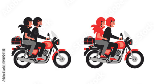 Couple riding a motorcycle together in two different color schemes