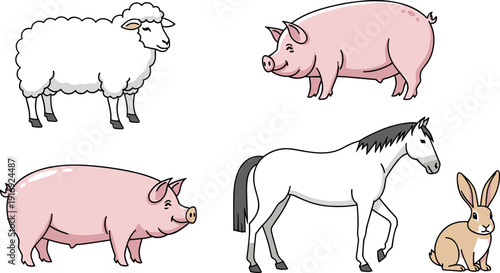 Cartoon illustration of sheep, pig, horse, rabbit, farm animals, agriculture, livestock, rural life, educational design, children learning, animal artwork