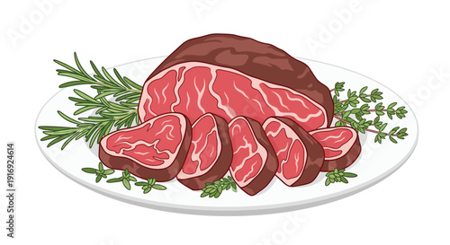 Sliced roast beef with rosemary and thyme on a white plate