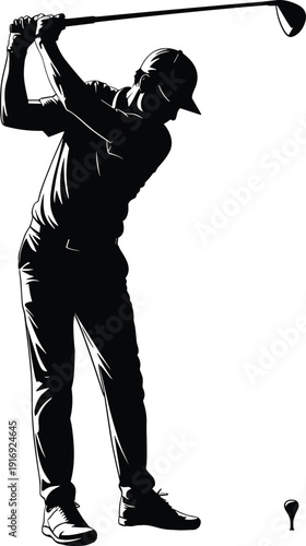 Golfer in dynamic swing motion on golf course
