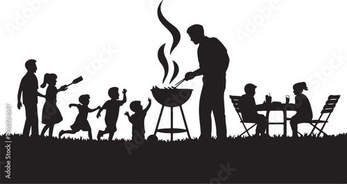 Family B Q Silhouette with Grill and Picnic Table